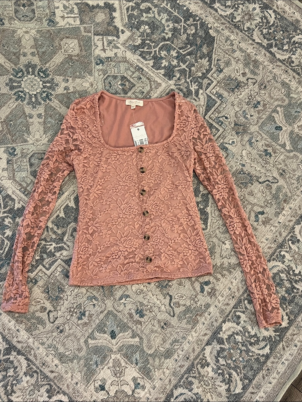 Ultra Flirt Dusty Rose Lace Button-Front Long Sleeve Top